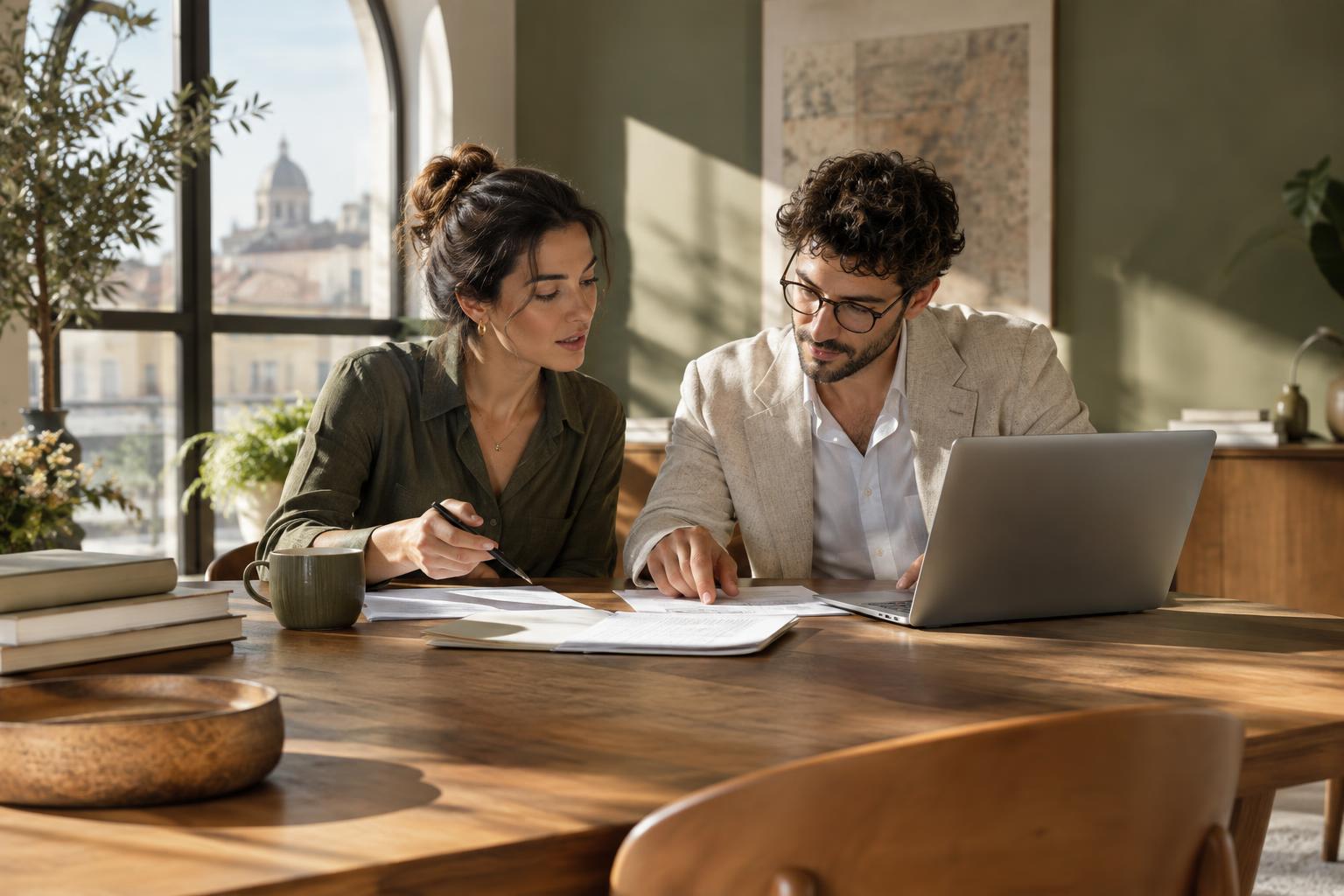 Professionisti collaborano su documenti di progetto in un ufficio luminoso