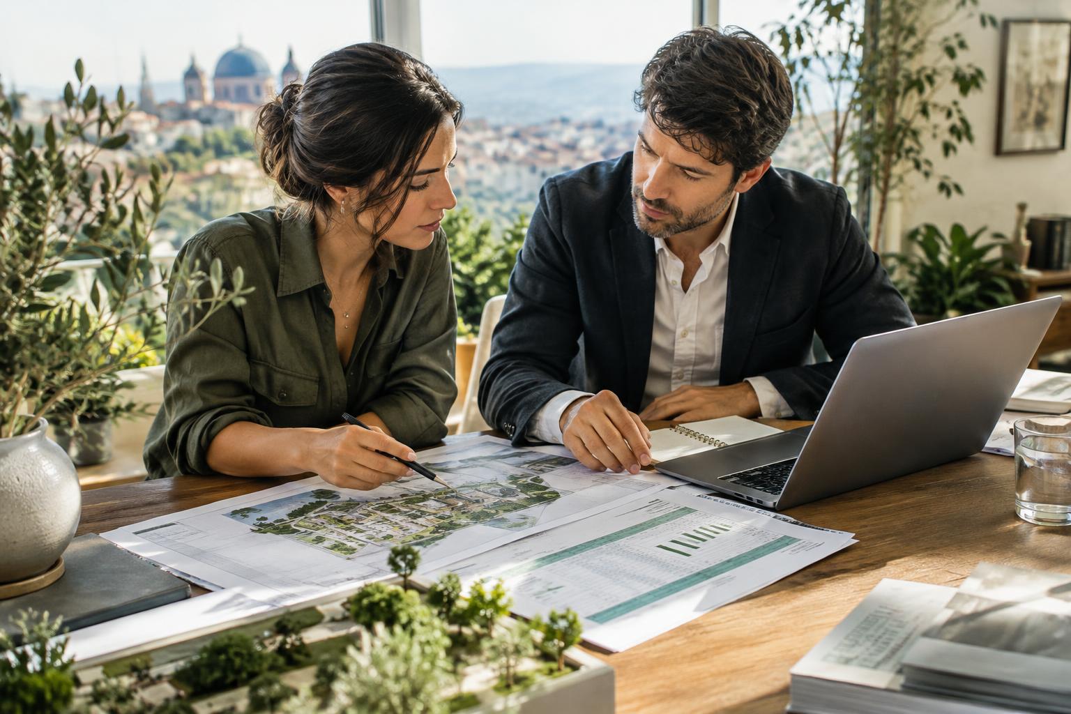 Consulenti pianificano un progetto finanziato con documenti e prospetti economici